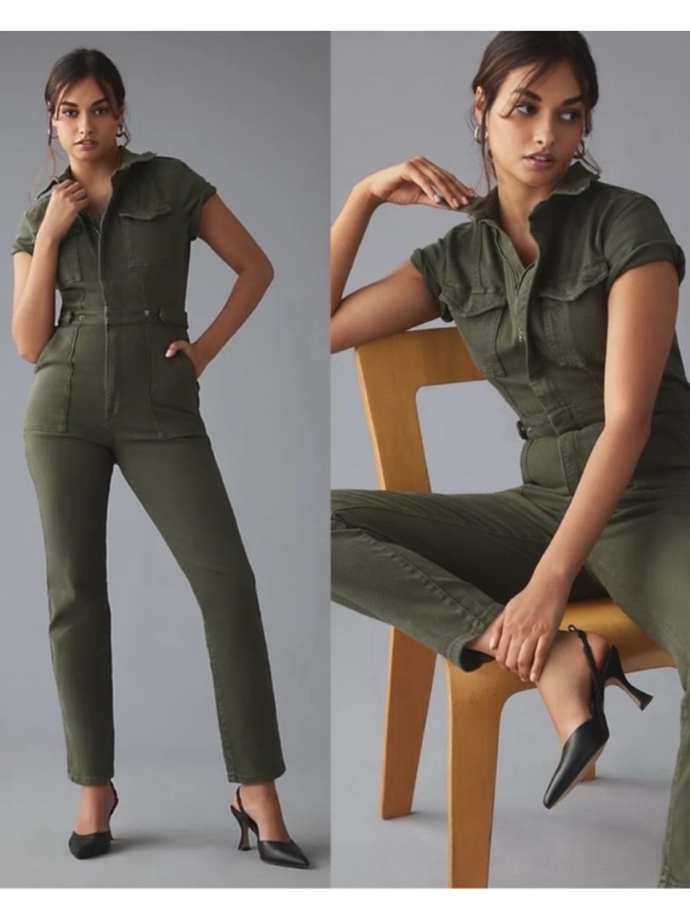 Good American Olive Short Sleeve Utility Jumpsuit